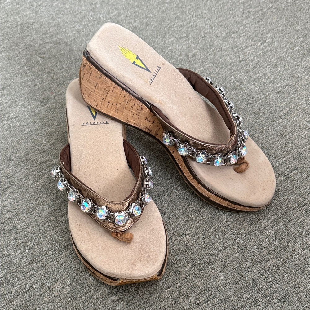 Volatile Tan Wedge Sandals with Crystal Accents